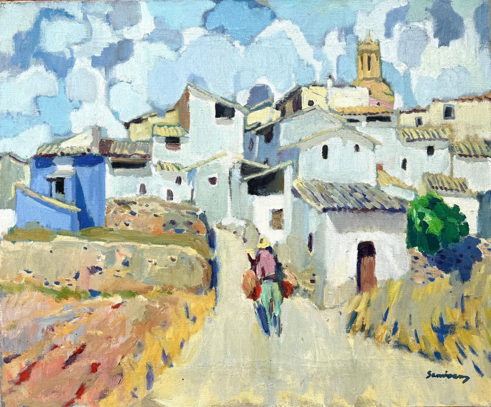 Ramon Sanvisens Marfull – Spaans Dorp, Olieverf Op Doek, Spanje, Mediterraan Landschap, Ca. 1960
