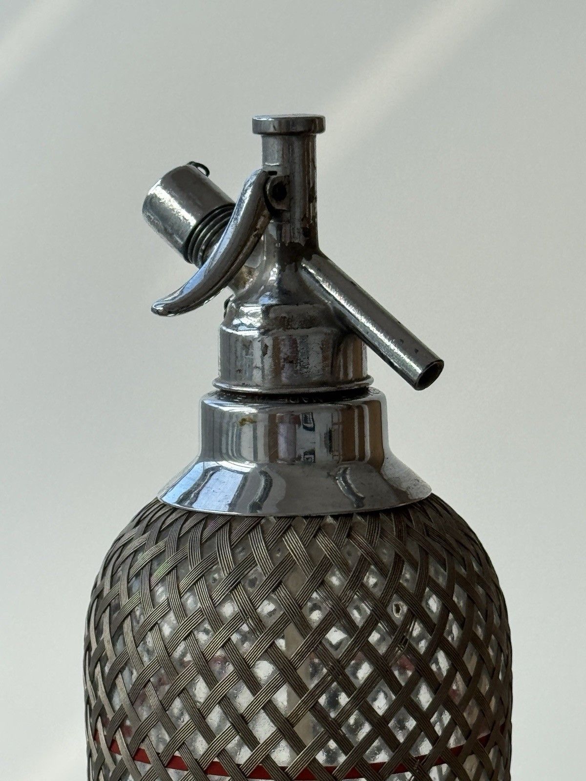 photo for sale Antique Braided Metal Mesh Soda Siphon, Glass Bottle Made In Czechoslovakia