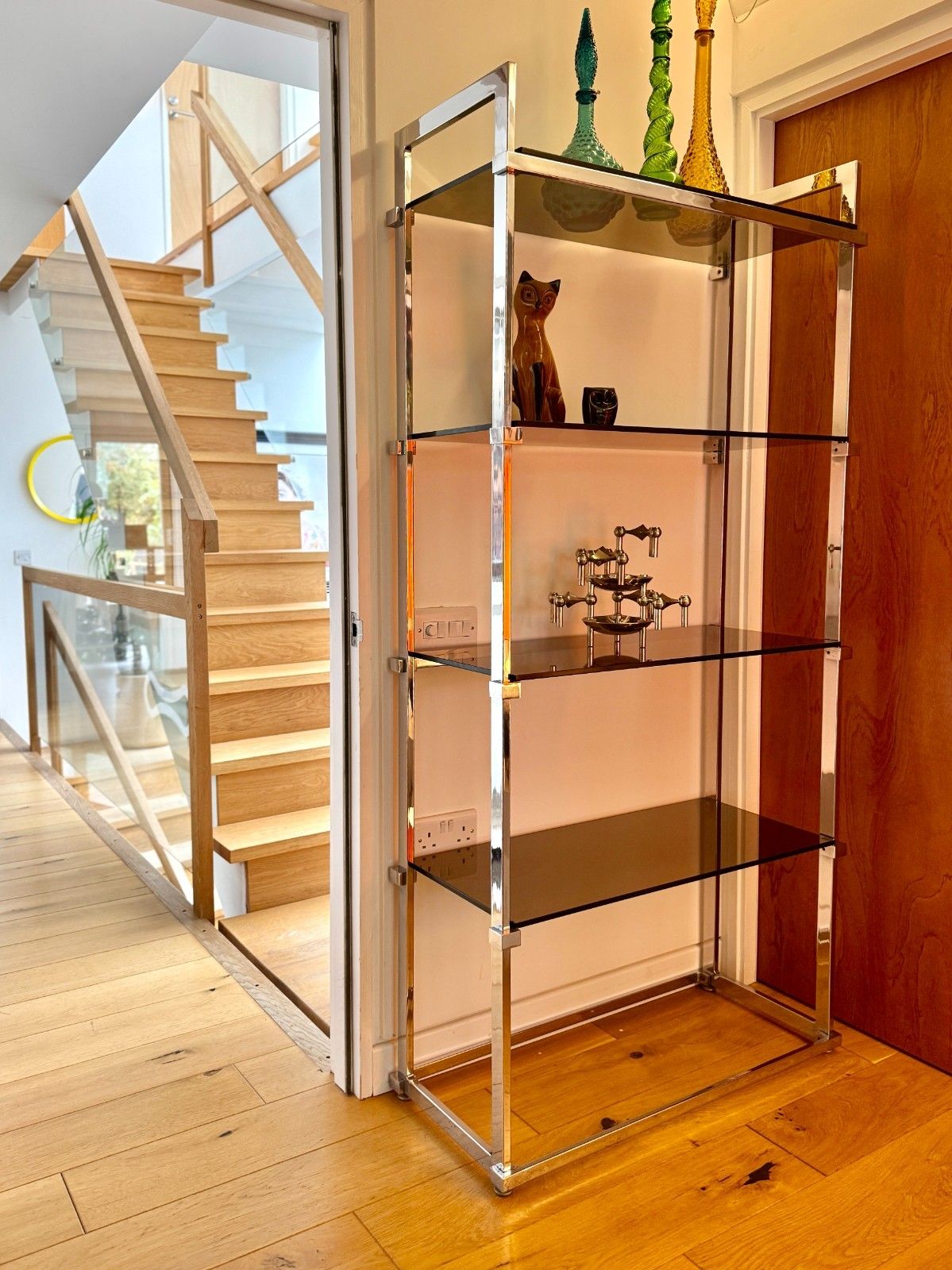 photo vinterior Pieff Lisse Chrome Plated Smoked Glass Shelving Unit/Bookcase, 1970s