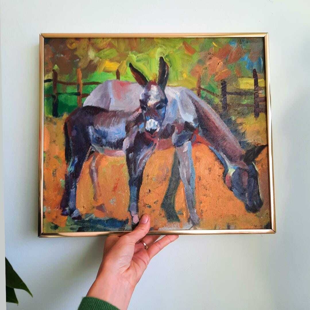 Vintage Impressionist Impasto Oil Painting Of Two Donkeys Grazing Framed By William Wright photo furniture