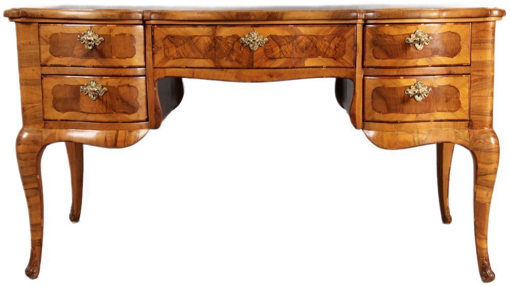 Antique Baroque Desk In Walnut Inlay, 1780
