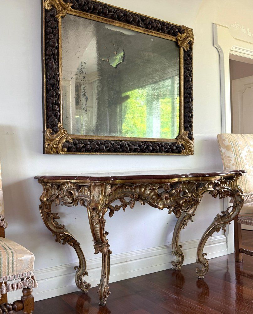 Large Mid 18th Century French Giltwood Rococo Console Table With Marble Top, 1740s photo vintage
