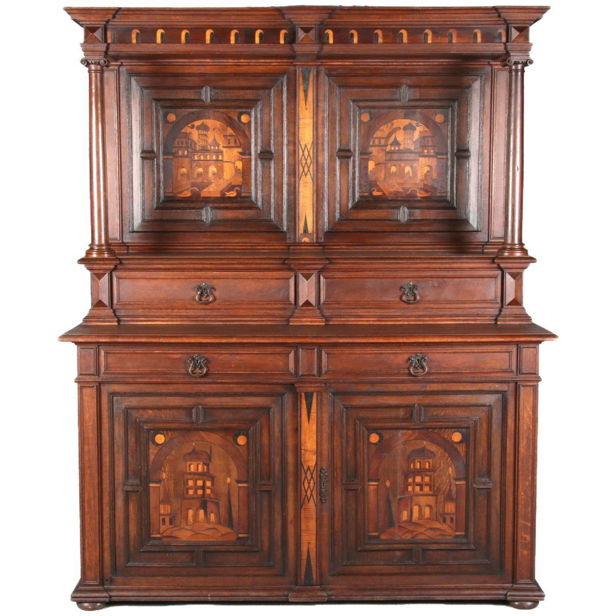 Antique Historicism Buffet With Architecture Inlaid, 19th Century