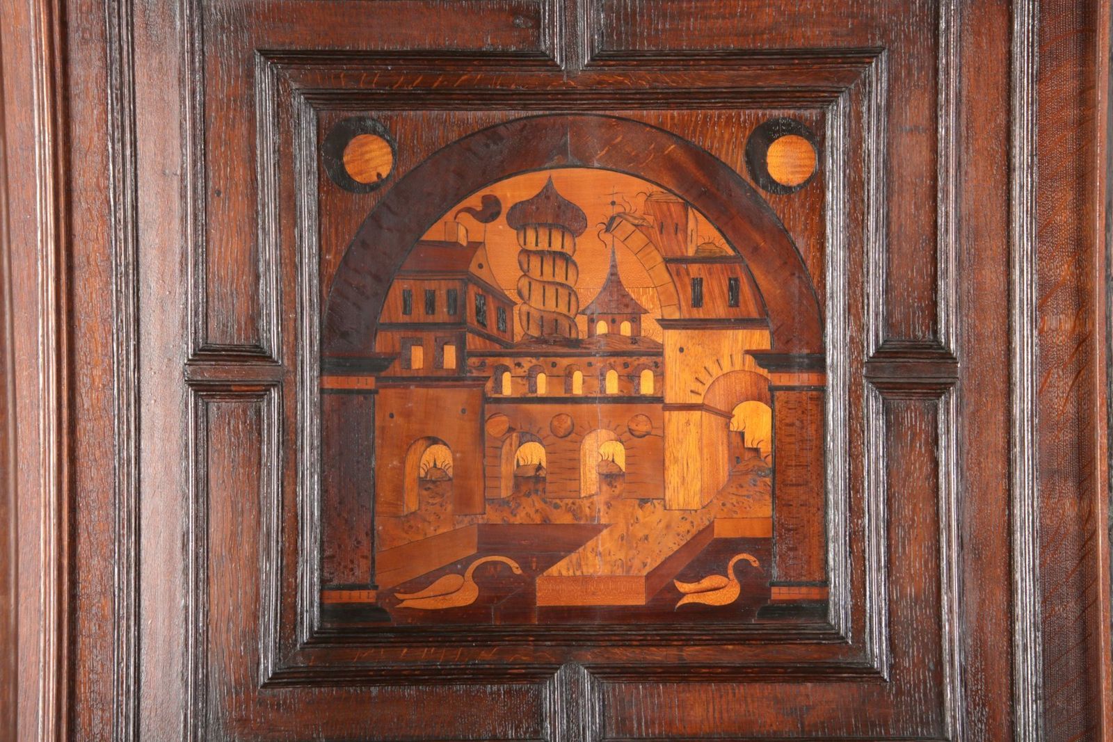 photo furniture Antique Historicism Buffet With Architecture Inlaid, 19th Century