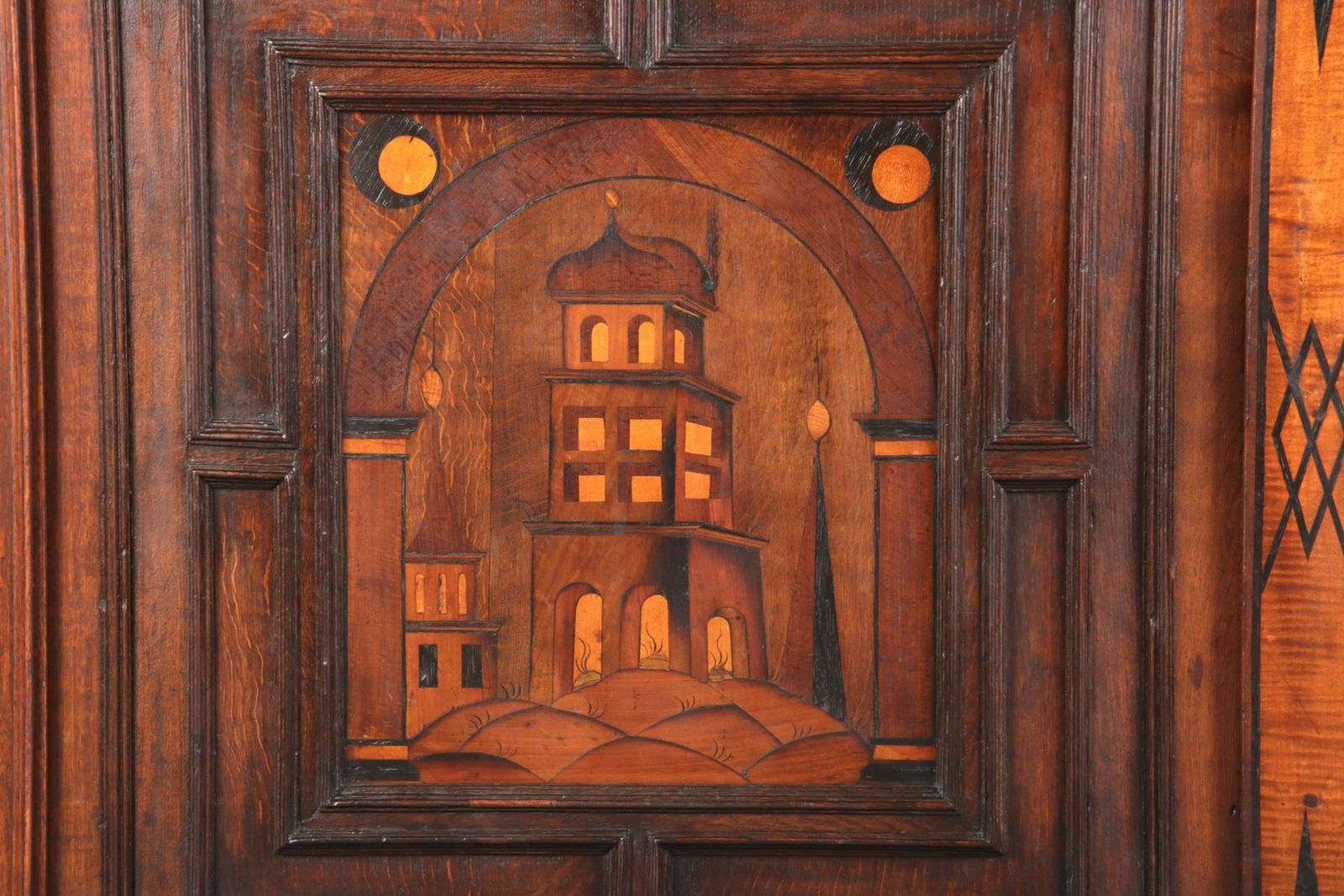 photo for sale Antique Historicism Buffet With Architecture Inlaid, 19th Century