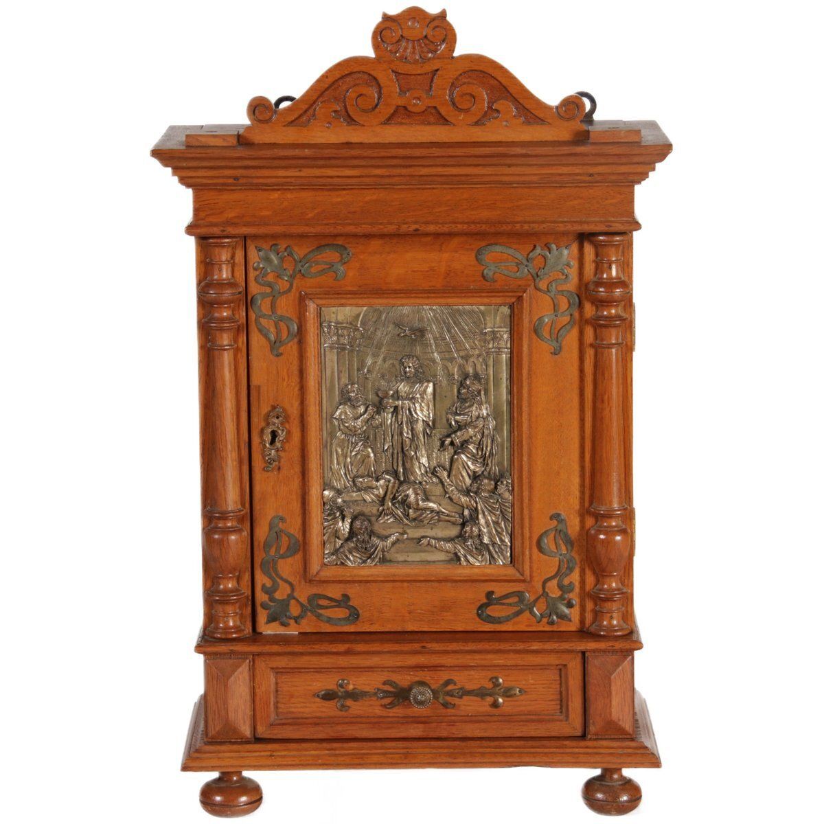 Antique Art Nouveau Hanging Cabinet Wall Cabinet Oak Brass Relief, 1900
