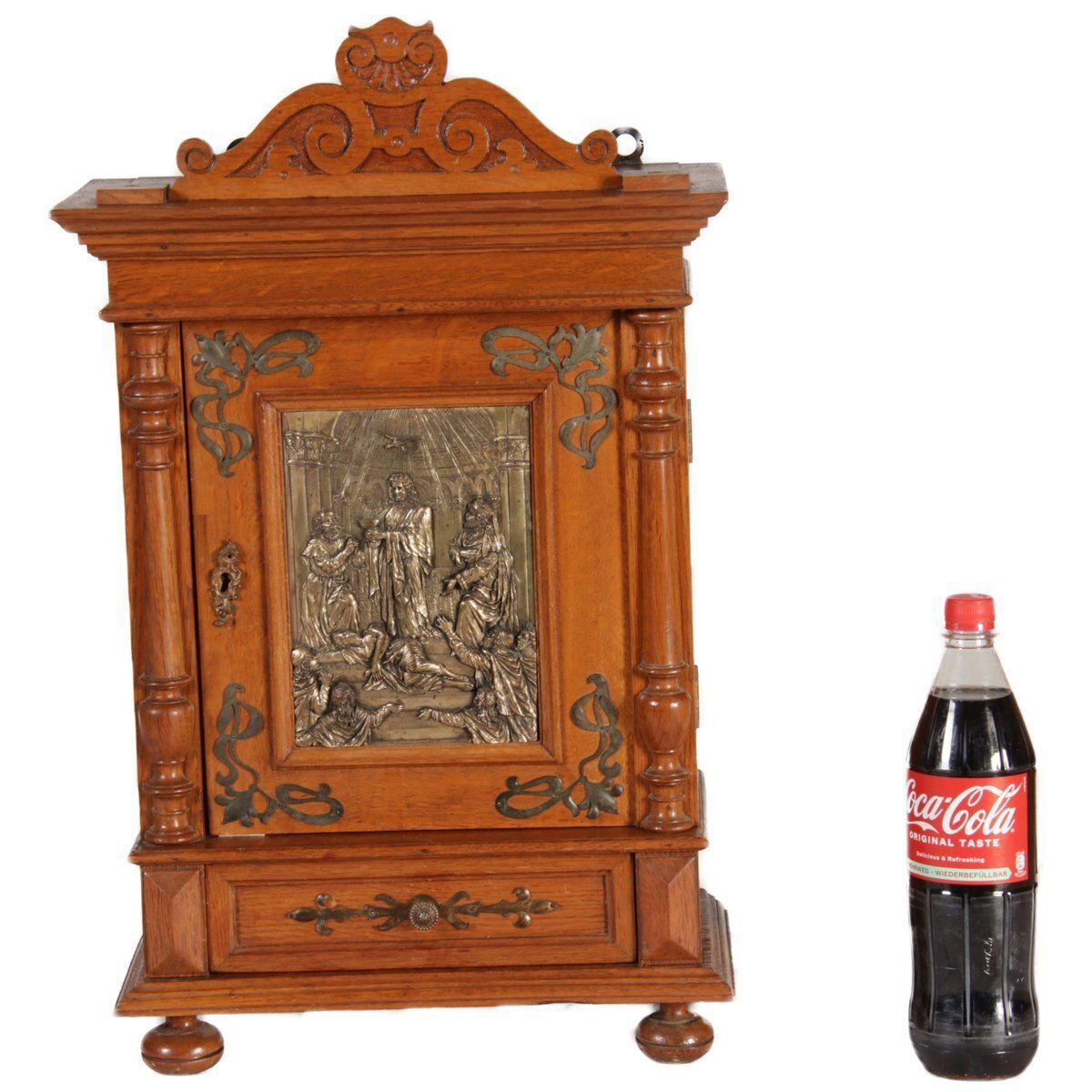 Antique Art Nouveau Hanging Cabinet Wall Cabinet Oak Brass Relief, 1900 photo Furniture