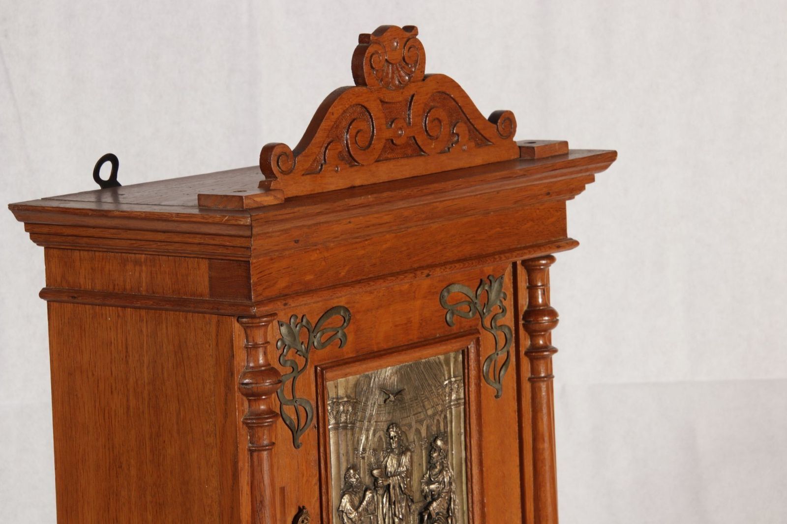 photo for sale Antique Art Nouveau Hanging Cabinet Wall Cabinet Oak Brass Relief, 1900
