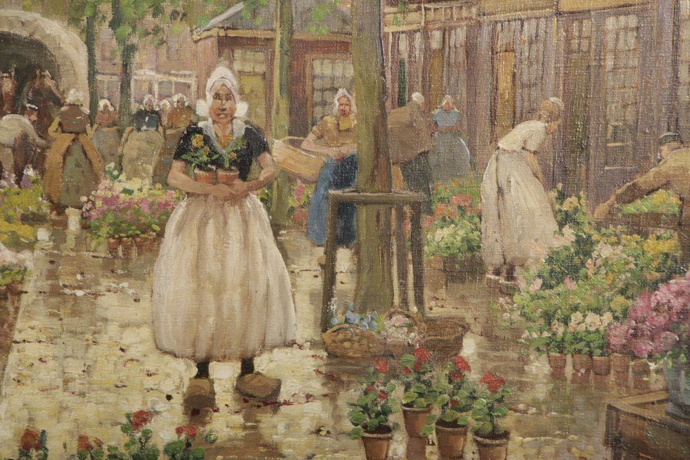 R. Hornemann, Flower Market On The Canal In Amsterdam, 1900s, Oil On Canvas photo furniture