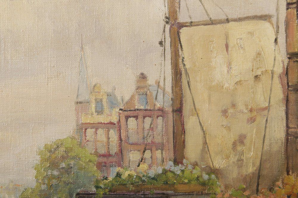 R. Hornemann, Flower Market On The Canal In Amsterdam, 1900s, Oil On Canvas photo vintage