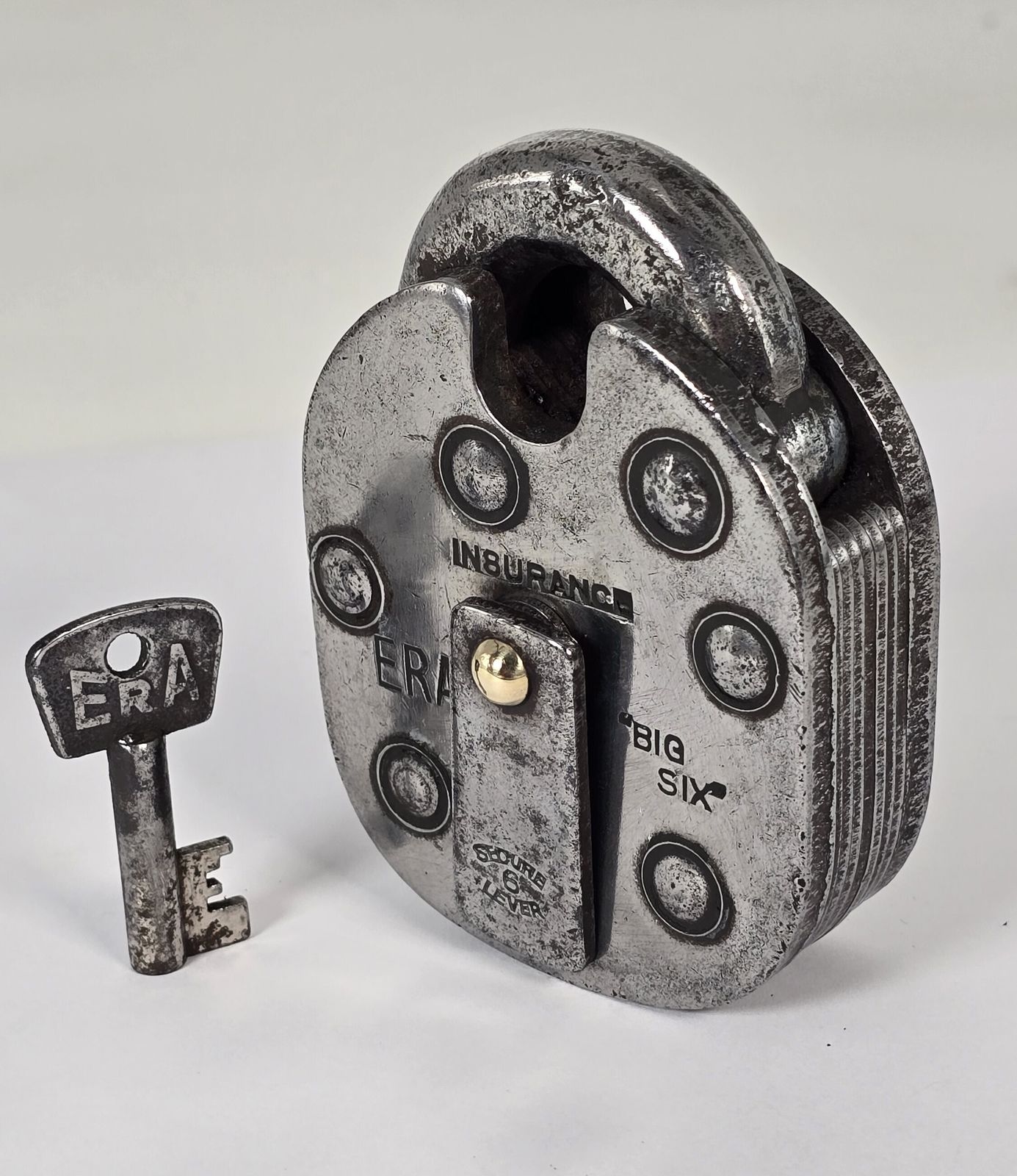 145.0 An Industrial Era 1930s Insurance Six Leaver Steel Padlock photo