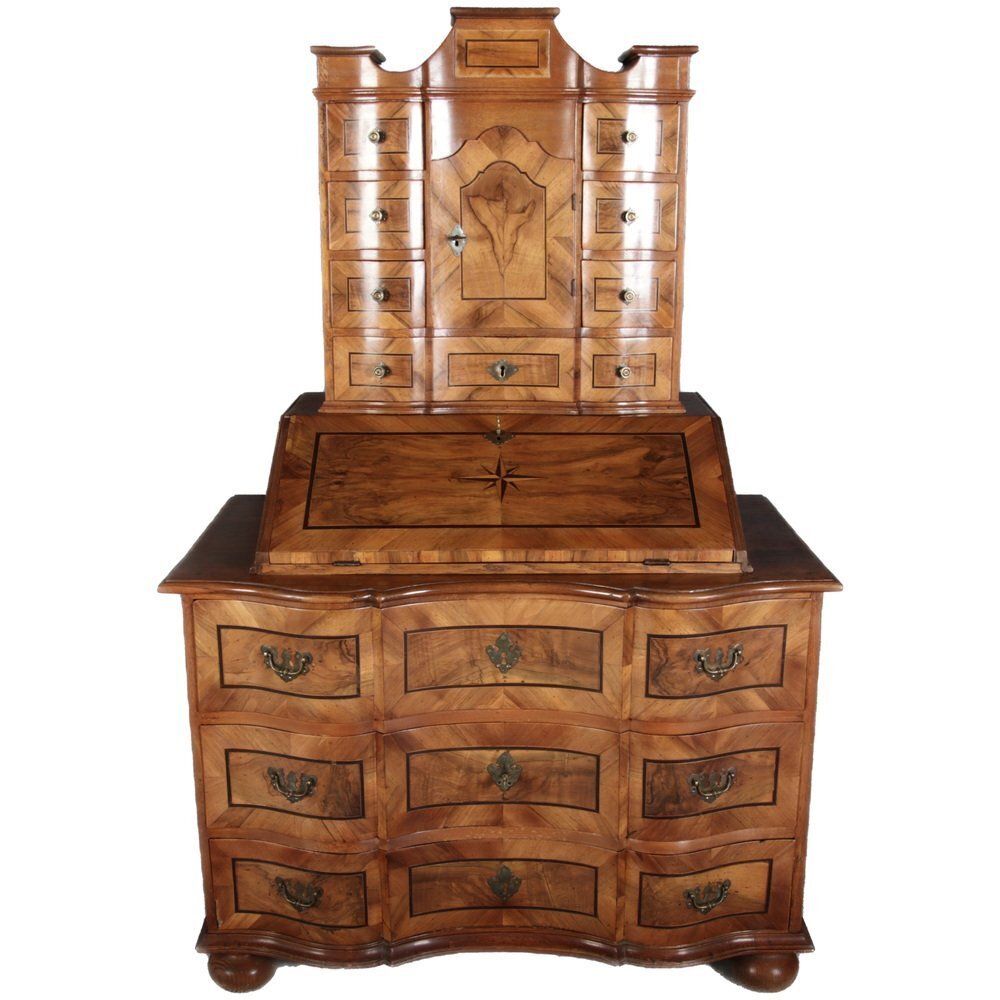 Antique 18th Century Baroque Tabernacle Secretary In Oak With Walnut Veneer, 1730s