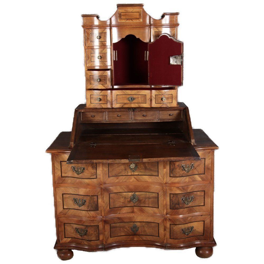 Antique 18th Century Baroque Tabernacle Secretary In Oak With Walnut Veneer, 1730s photo Furniture