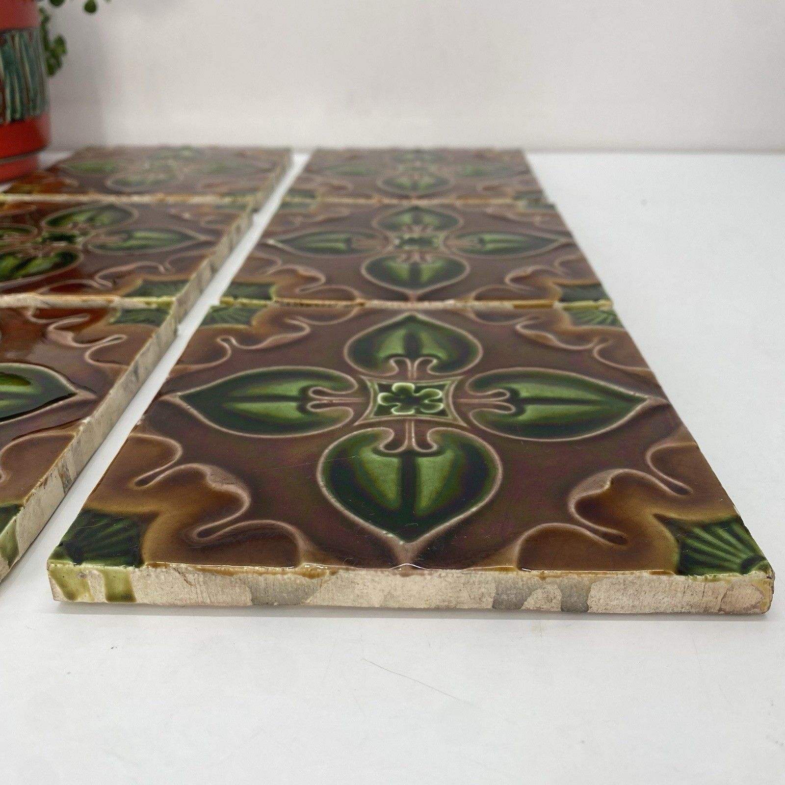 Antique Art Nouveau Majolica Tiles C1900 Green Brown Floral 15cm Made In England photo for sale