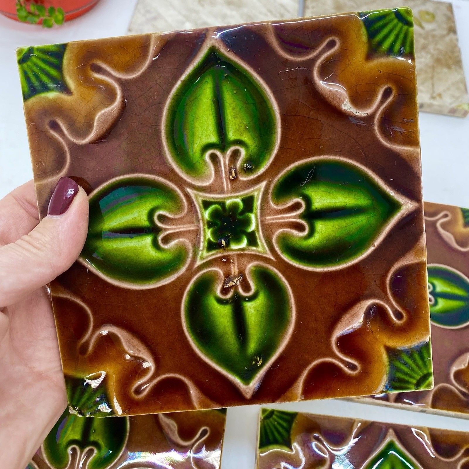 photo vinterior Antique Art Nouveau Majolica Tiles C1900 Green Brown Floral 15cm Made In England