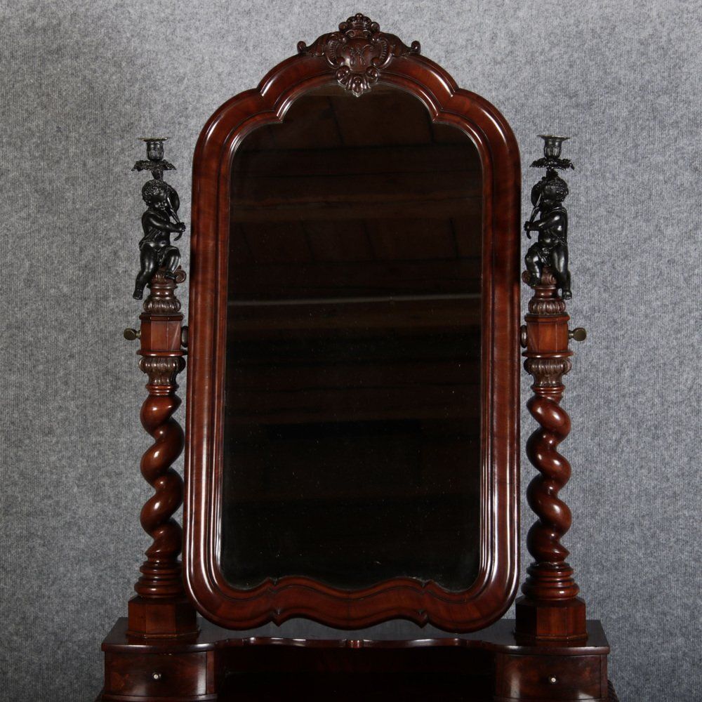 Narrow Chest Of Drawers In Mahogany With Cast Iron Candlesticks And Mirror, 1860s photo Furniture