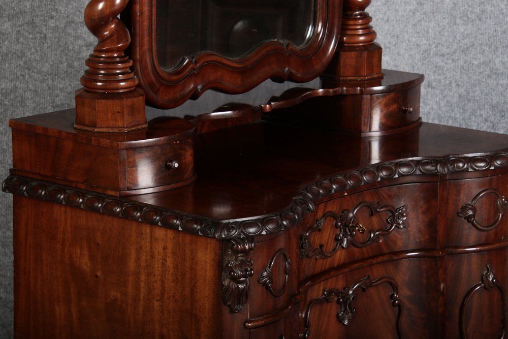 photo for sale Narrow Chest Of Drawers In Mahogany With Cast Iron Candlesticks And Mirror, 1860s