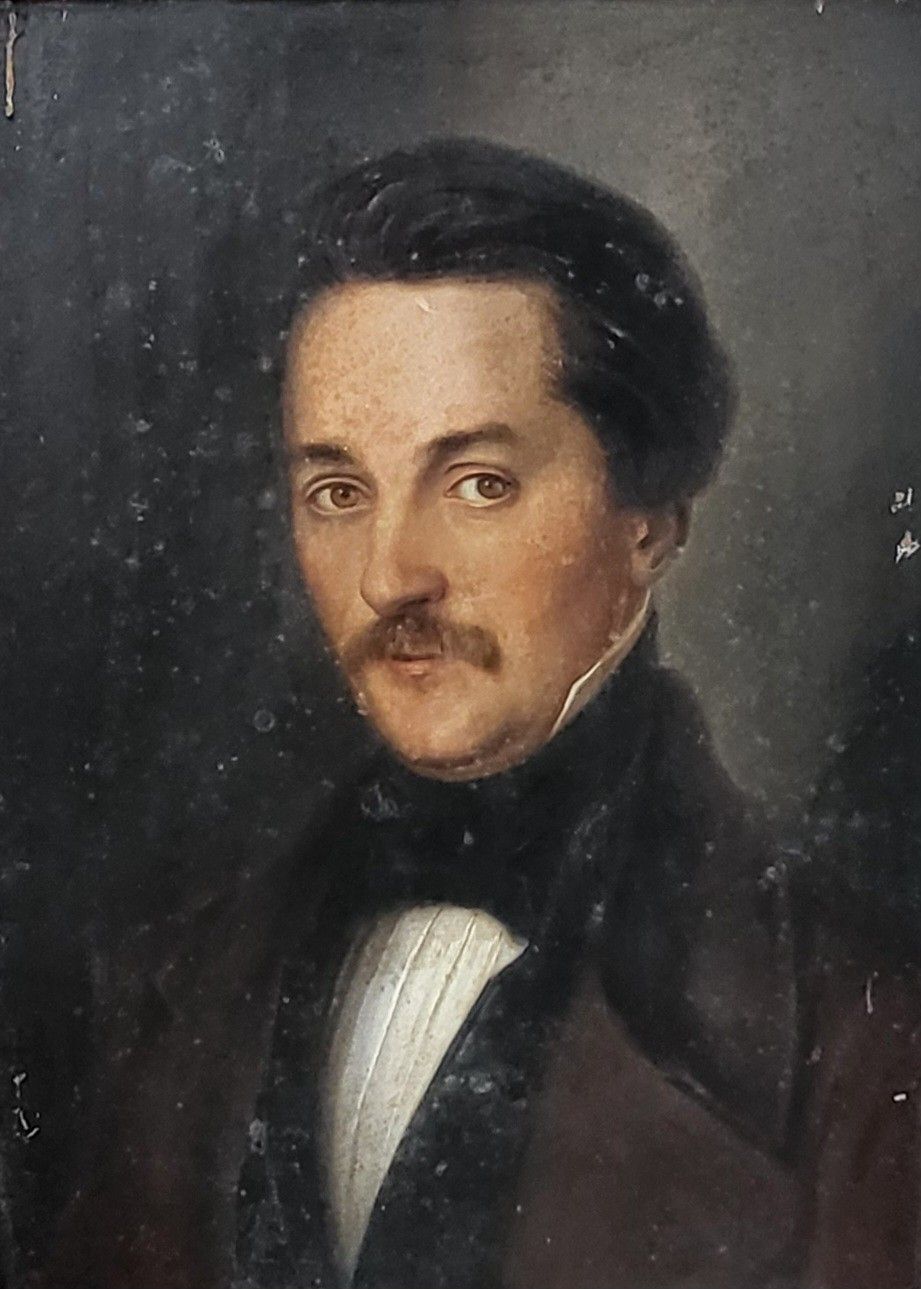 Portrait Of Man. Oil Painting On Wood Panel 19th Century photo furniture