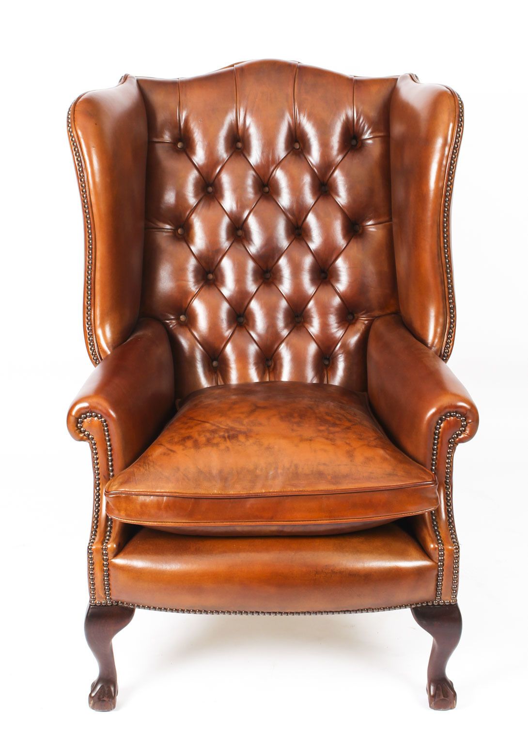 Bespoke Leather Chippendale Wing Back Chair Armchair Burnt Amber photo furniture