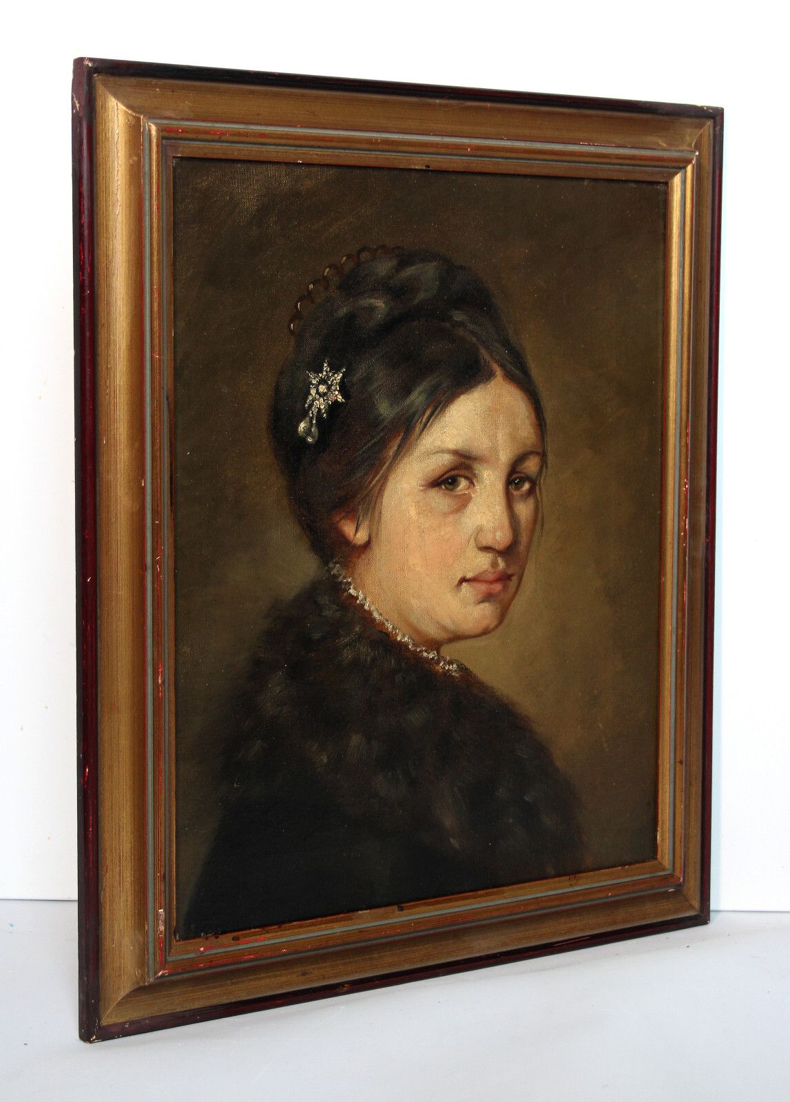 Biedermeier Portrait Of A Young Beautiful Lady With Fur Collar 19th Century photo for sale