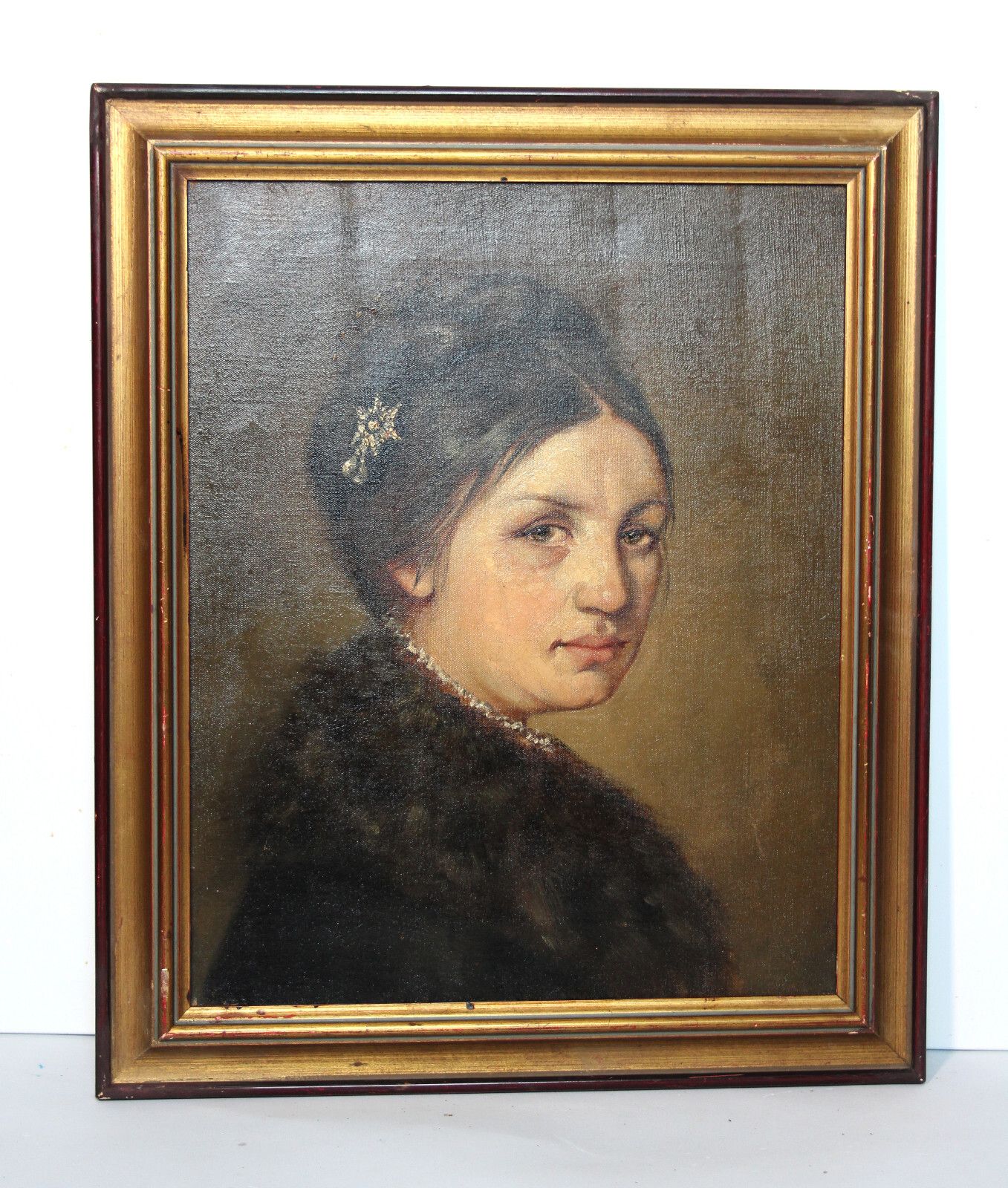 Biedermeier Portrait Of A Young Beautiful Lady With Fur Collar 19th Century photo Art