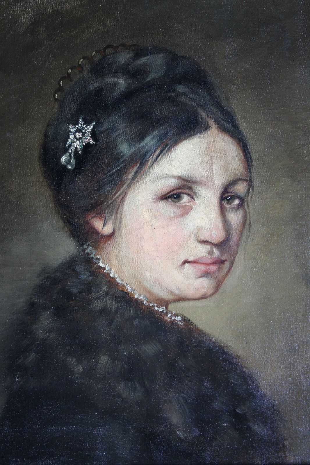 photo furniture Biedermeier Portrait Of A Young Beautiful Lady With Fur Collar 19th Century