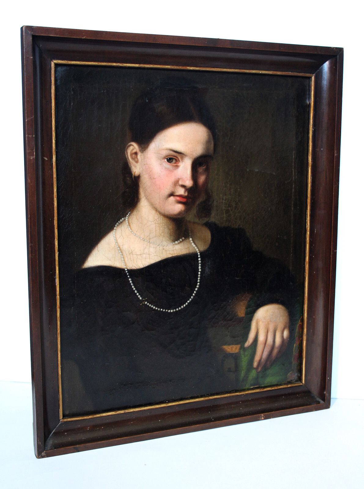 Gorgeous Portrait Of A Young Beautiful Lady With Pearl Necklace Around 1800 photo for sale