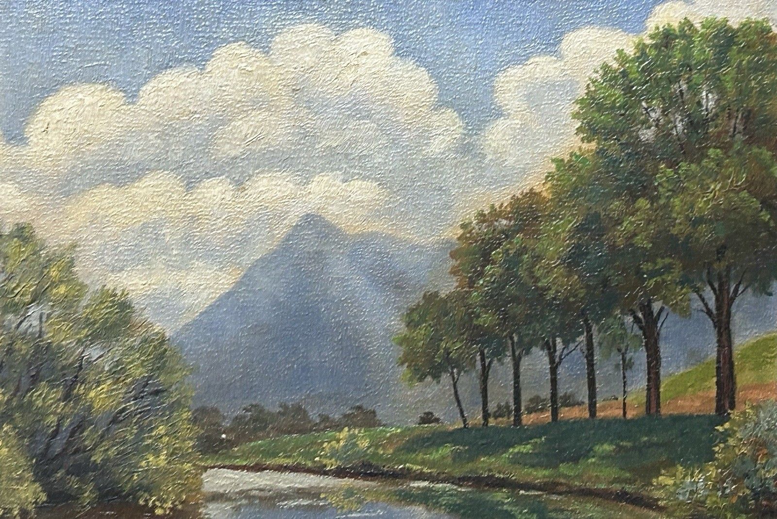 Antique Original Oil Painting On Cardboard, Landscape Mountain, Signed, Framed photo for sale