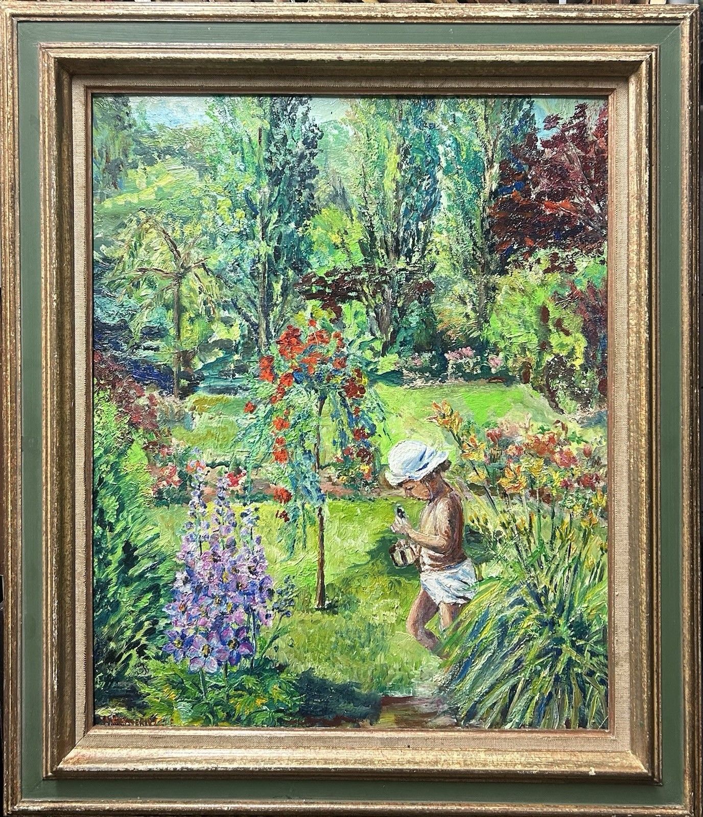 Large Vintage Oil Painting, Garden Landscape, Hand Made, Framed