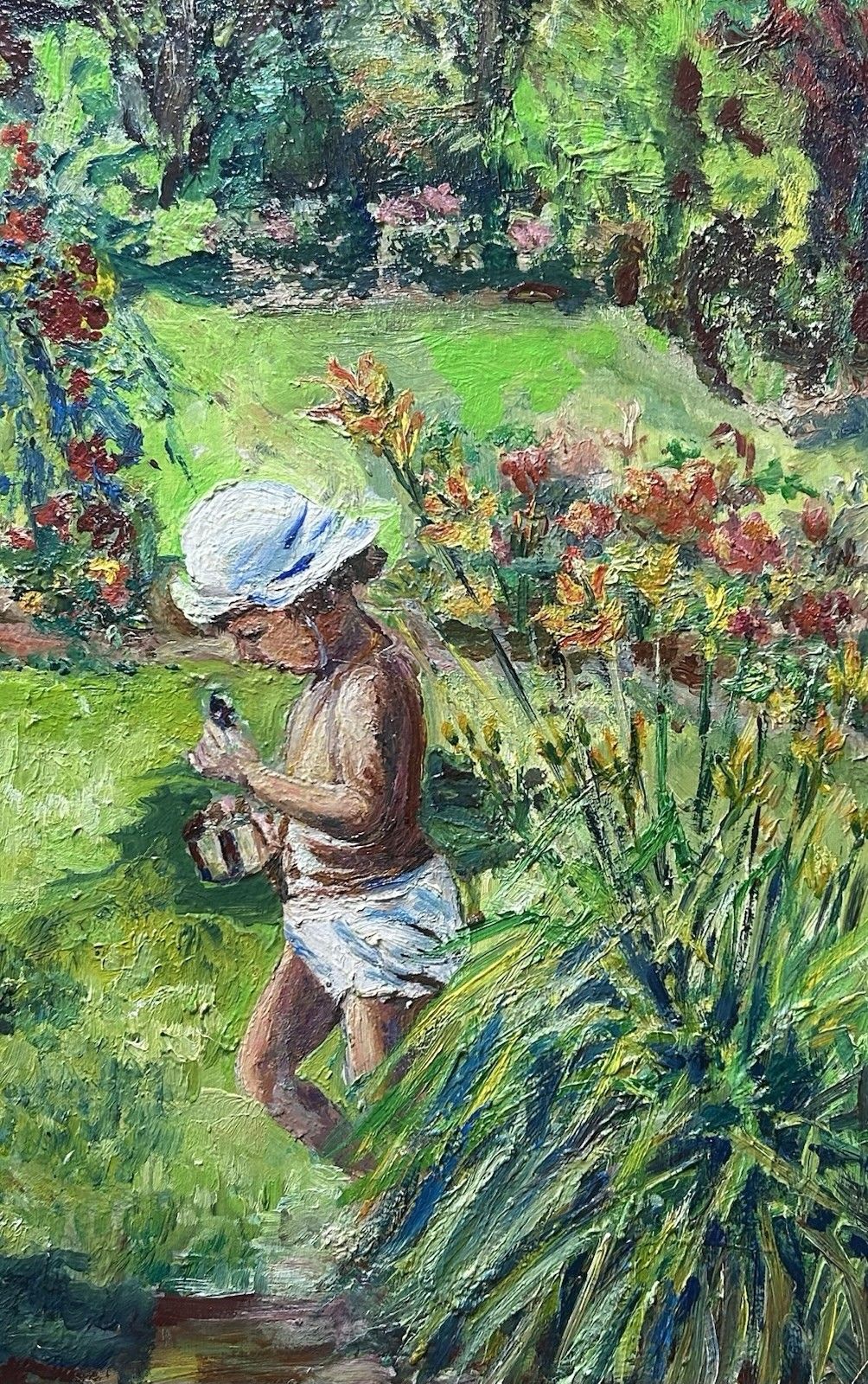 Large Vintage Oil Painting, Garden Landscape, Hand Made, Framed photo Art