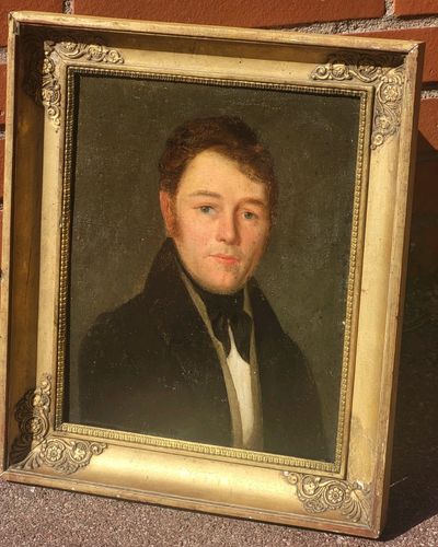 photo buy 19th Century School. Portrait Of Man. Oil Painting On Canvas Marouflé On Cardboard Signed
