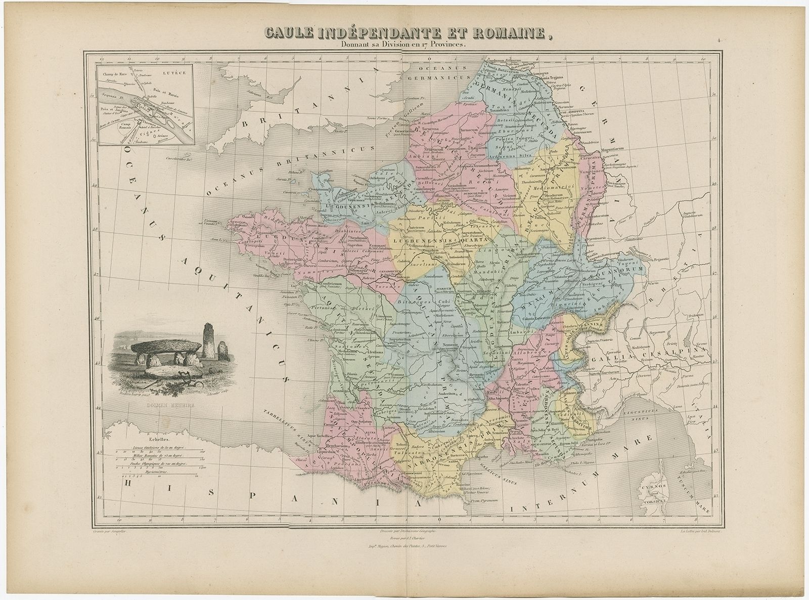 Antique Map Of France In Ancient Roman Times By Migeon (1880)