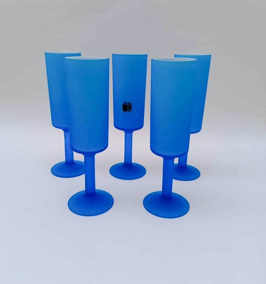 Set Of 5 Champagne Flute Glasses Designed By Carlo Moretti In Turquoise Satin Murano Glass