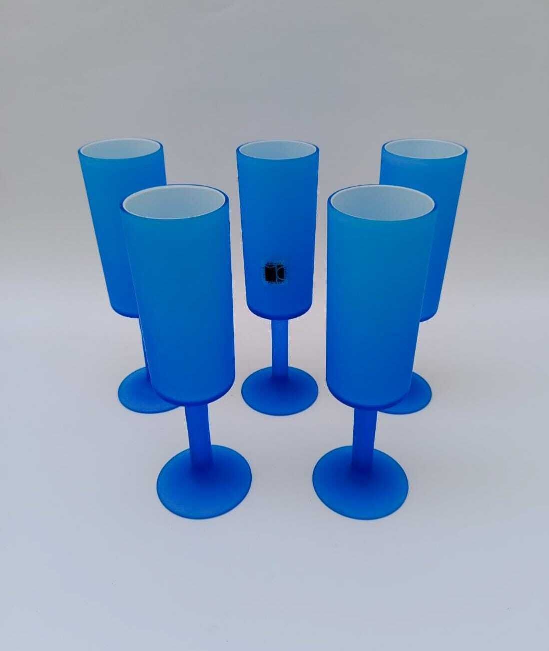 Set Of 5 Champagne Flute Glasses Designed By Carlo Moretti In Turquoise Satin Murano Glass photo Home Decor
