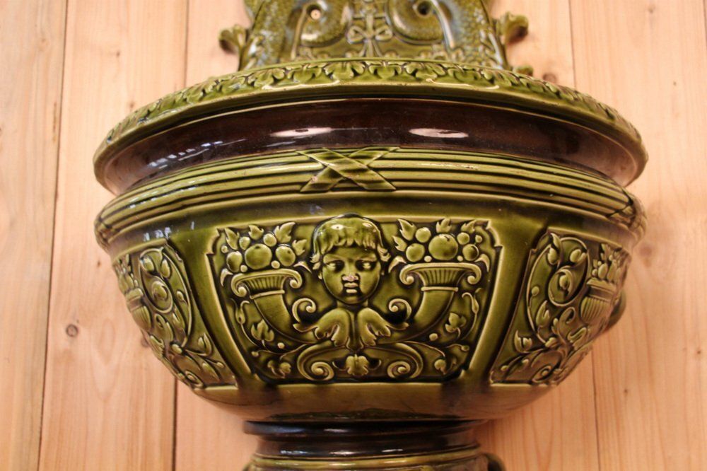 Large 19th Century Fountain Wall In Ceramic, Sarreguemines, France photo vintage