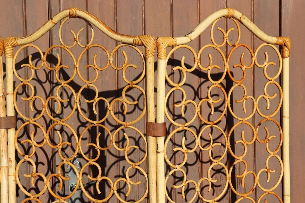 Vintage Italian Rattan Screen With 3 Leaves, 1960s photo for sale