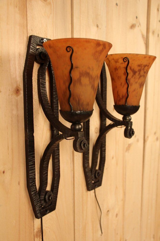Vintage Art Deco Wall Lights In Wrought Iron, 1930s, Set Of 2