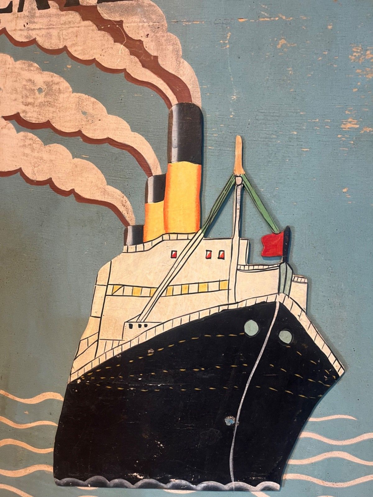 Antique Painting On Wood Of A Boat L'atlantique Paquebot Circa 1920's photo furniture