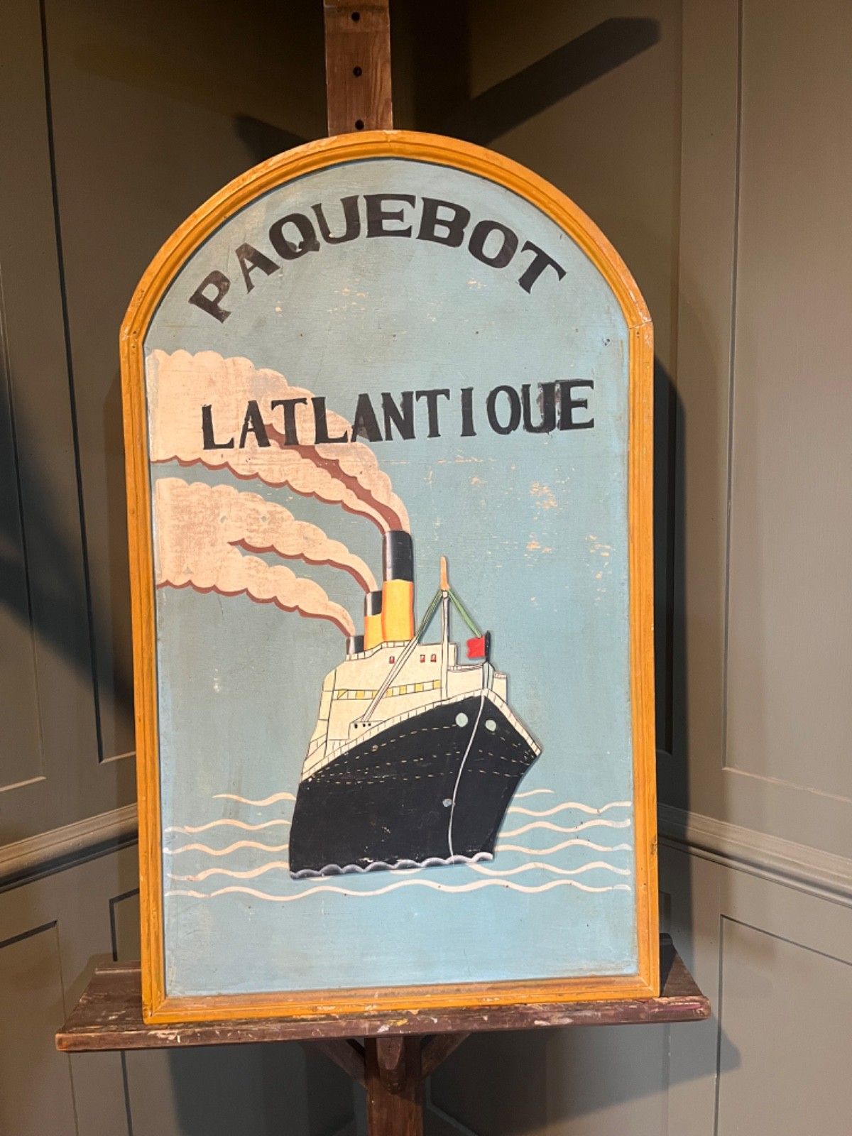 photo for sale Antique Painting On Wood Of A Boat L'atlantique Paquebot Circa 1920's