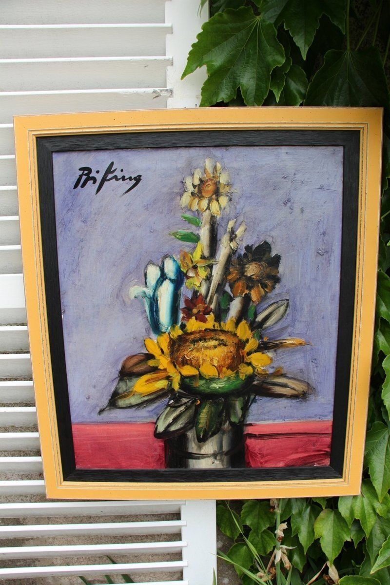 Franz Priking, Bouquet Of Sunflowers, 1970s, Oil On Canvas, Framed photo vinterior