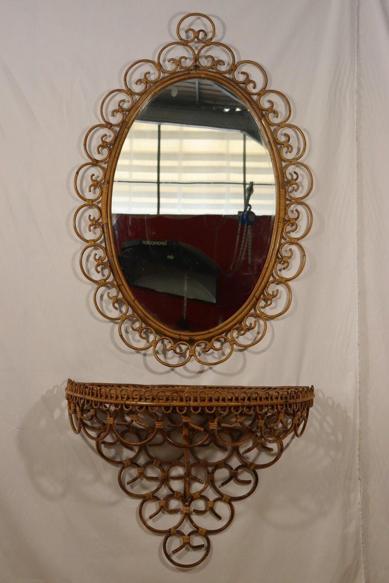 Huge Rattan Entrance Mirror And Saddle By Franco Albini, 1960, Set Of 2