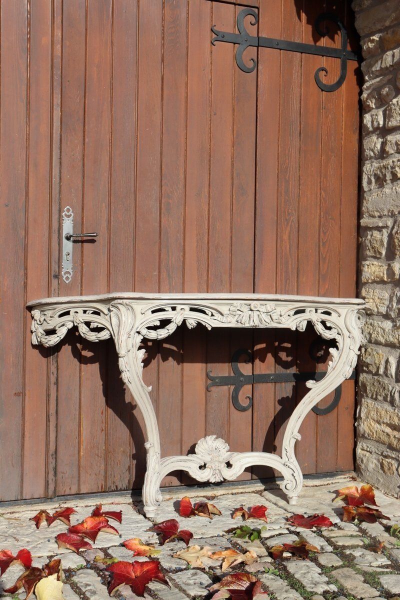 Large 18th Century Carved And Molded Console Table In Walnut And Oak photo for sale