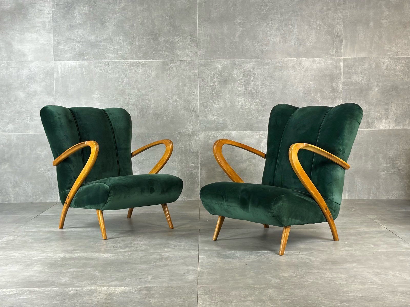 Set Of Wooden And Velvet Armchairs, 1940s