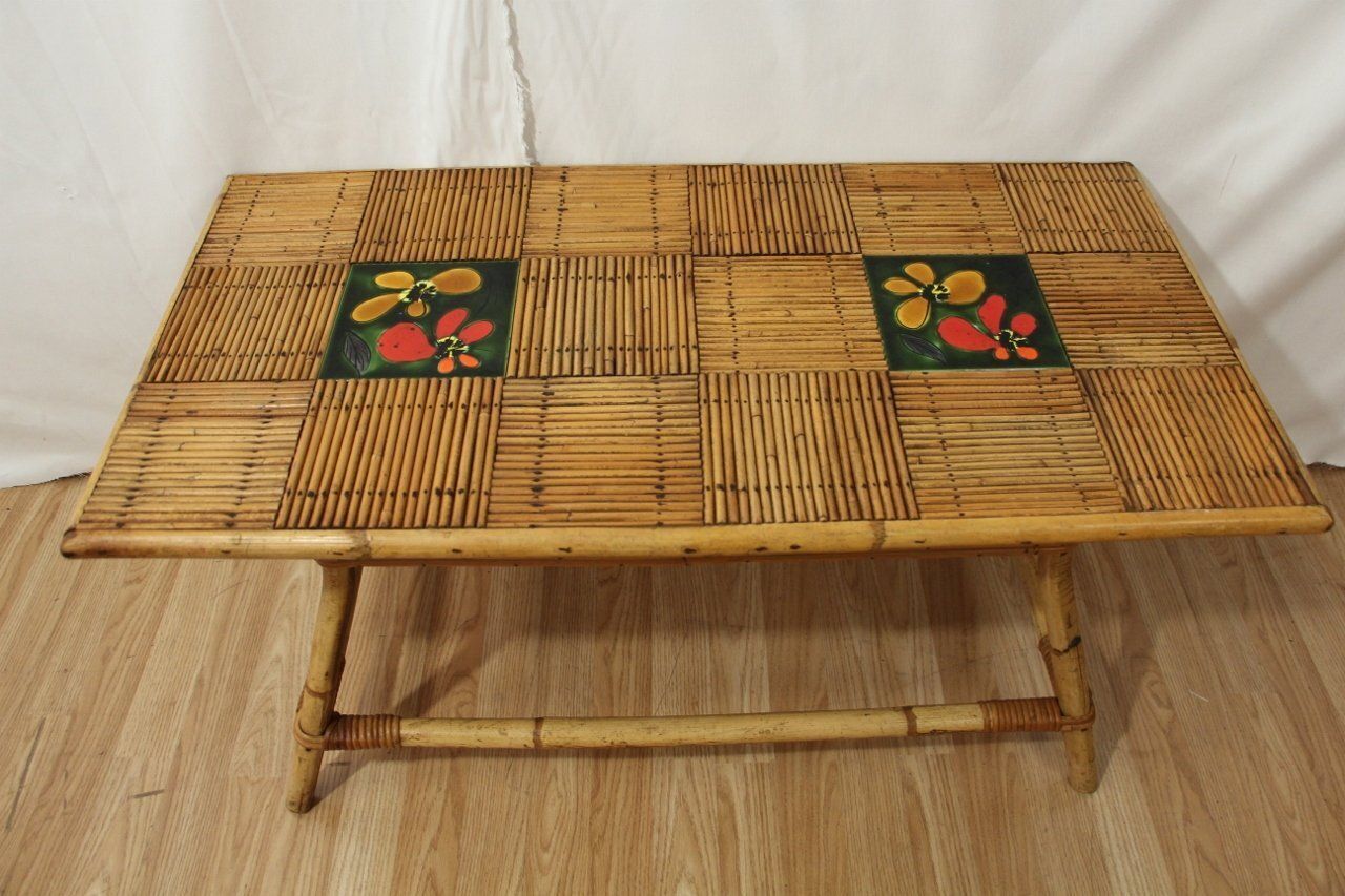 Coffee Table In Rattan And Ceramic By Audoux Minet For Vallauris, 1960s photo furniture