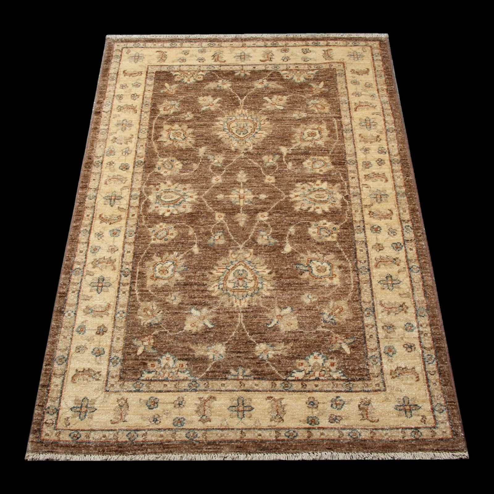 Brown Wool Rug, Handmade Floral Ziegler Carpet 148x96cm Oriental Decor