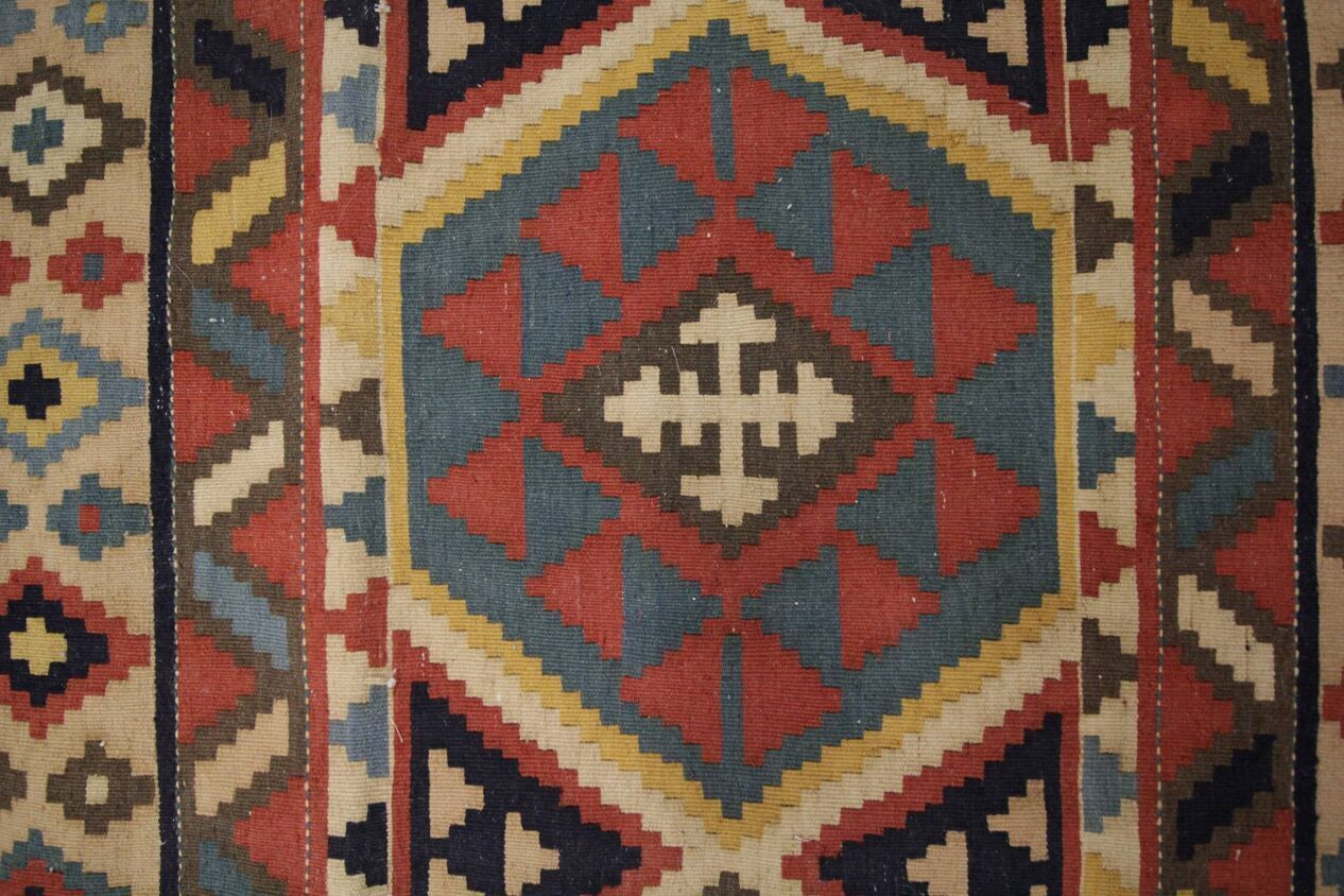 Handmade Wool Kilim Runner Rug Beige With Tribal Geometric Zigzag Patterns photo vinterior