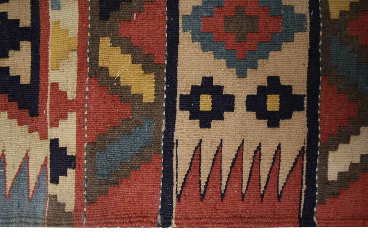 Handmade Wool Kilim Runner Rug Beige With Tribal Geometric Zigzag Patterns photo vintage