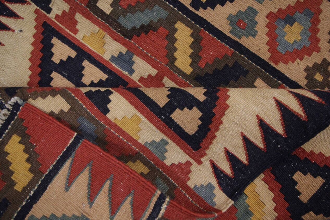 photo furniture Handmade Wool Kilim Runner Rug Beige With Tribal Geometric Zigzag Patterns