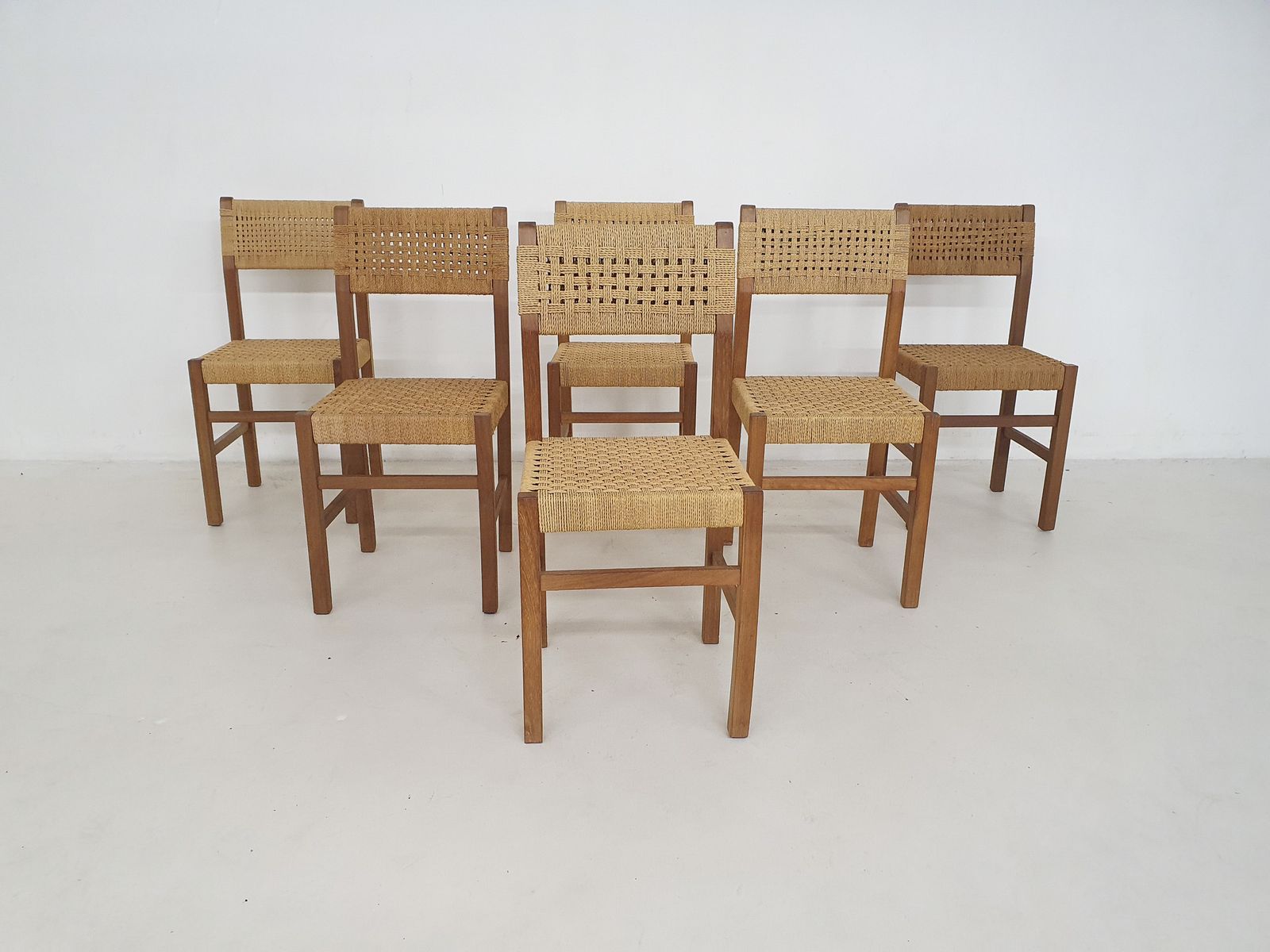 Set Of Six Papercord Dining Chairs, France 1950's photo for sale