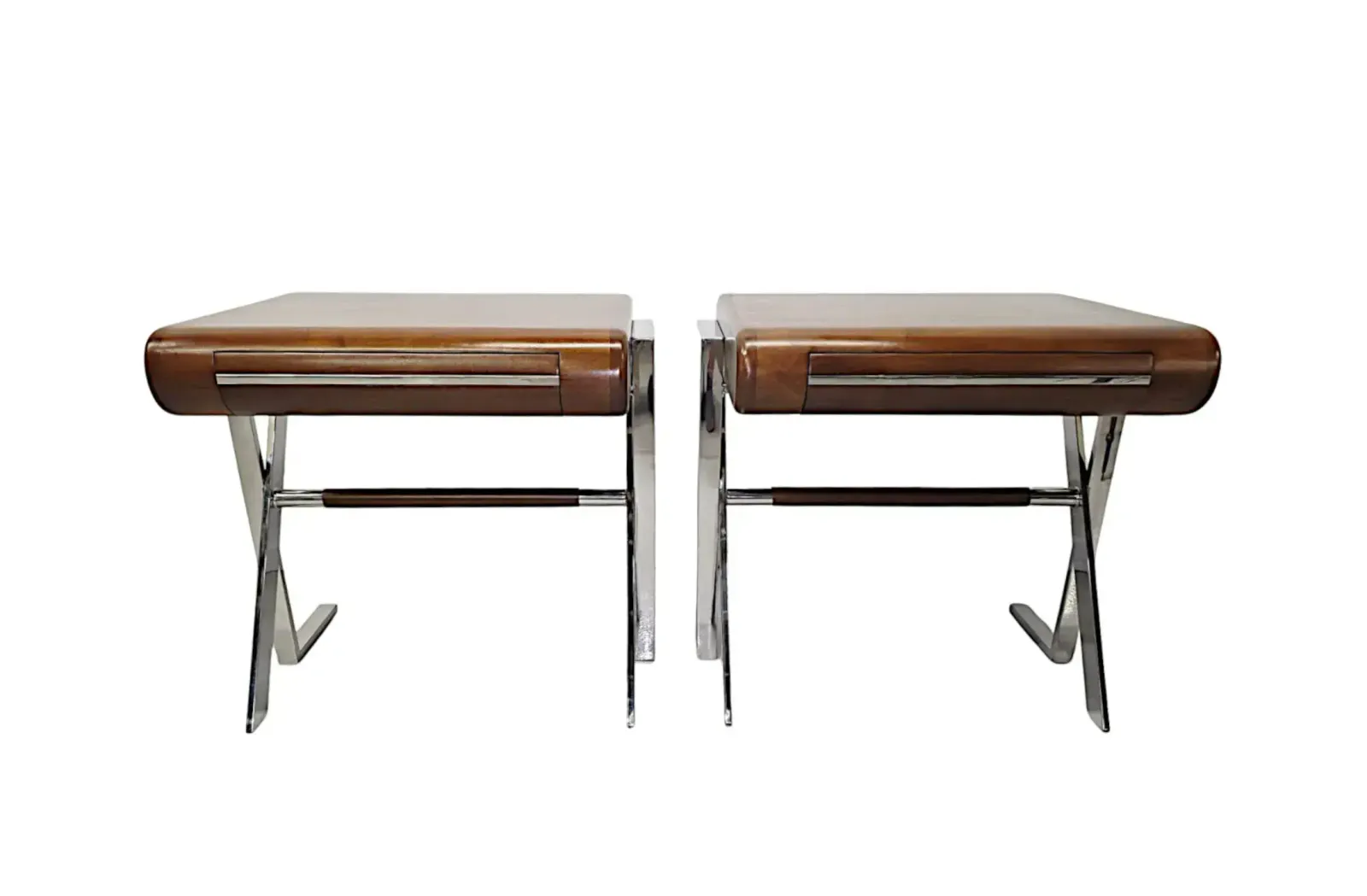 A Stunning Pair Of Contemporary Hand Made Mid Century Design Walnut And Chrome Bedside Or Side Tables photo for sale
